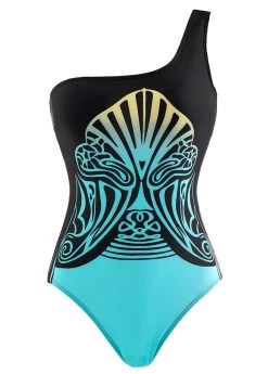 Tribal Print Black Wide Strap One Piece Swimwear