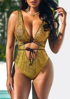 Gold Glitter Fabric Stitching Tie Front One Piece Swimwear -Modlily 292764 P 16409411031263