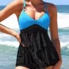 Ring Decoration Black Contrast Lace Stitching Tankini Set