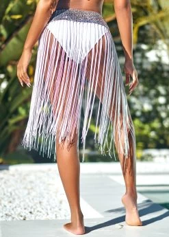 Sequin Tassel White Mid Waist Beach Skirt -Modlily 292956 P 16399953489071