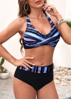 Stripe Print Black Criss Cross Back Bikini Set 8 Stripe Print Black Criss Cross Back Bikini Set -Modlily 292977 P 16409241708183