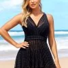 Black Mesh Glitter Fabric Stitching Swimdress Set