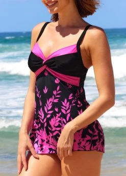 Leaf Print Twist Front Hot Pink Swimdress And Panty -Modlily 293904 P 16424215726922