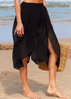 High Waisted Side Slit Black Beach Pants -Modlily 293925 P 16425040103692