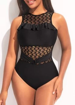 Lace Stitching Black Flounce One Piece Swimwear -Modlily 295581 P 16474852642193