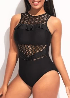 Lace Stitching Black Flounce One Piece Swimwear -Modlily 295581 P 16474852648172