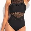 Lace Stitching Black Flounce One Piece Swimwear