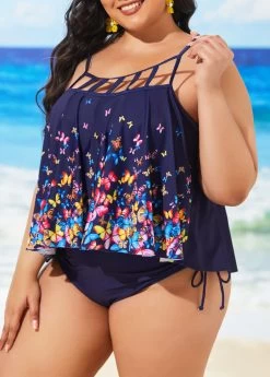 Plus Size Navy Blue Spaghetti Strap Tankini Set 6 Plus Size Navy Blue Spaghetti Strap Tankini Set -Modlily 296202 P 16450100230802