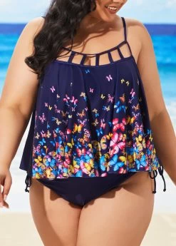 Plus Size Navy Blue Spaghetti Strap Tankini Set 7 Plus Size Navy Blue Spaghetti Strap Tankini Set -Modlily 296202 P 16450100236983