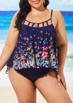 Plus Size Navy Blue Spaghetti Strap Tankini Set