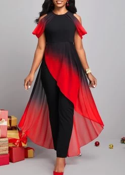 Plus Size Red Ombre Short Sleeve Jumpsuit -Modlily 297028 P 16657450862876