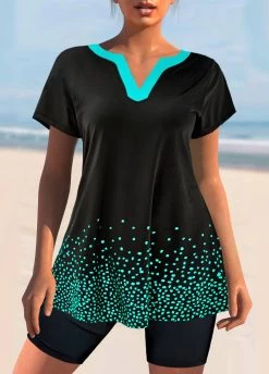 Split Neck Black Short Sleeve Tankini Set