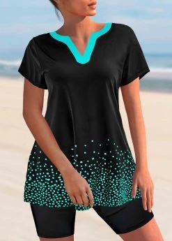 Split Neck Black Short Sleeve Tankini Set -Modlily 297171 P 1644481366404