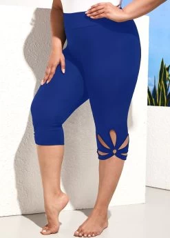 Royal Blue Floral Design Plus Size High Waisted Shorts