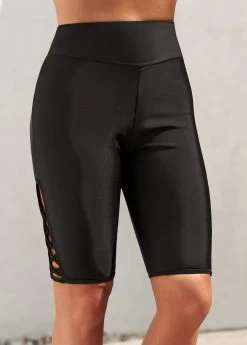 Black High Waisted Cross Strap Swim Shorts -Modlily 298232 P 16466189246733