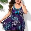 Feathers Print Plus Size Leopard Asymmetric Hem Swimdress Set