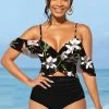 Floral Print Flounce High Waisted Black Bikini Set