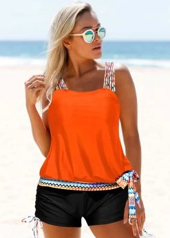 Tribal Print Coral Orange Tie Side Tankini Set