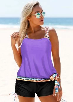 Tribal Print Purple Tie Side Tankini Set