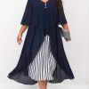 Navy Blue Plus Size V Neck Striped Dress