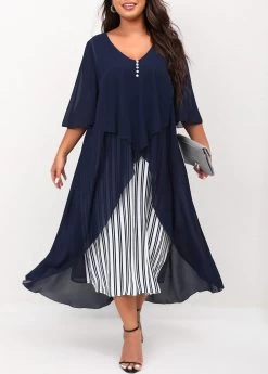 Navy Blue Plus Size V Neck Striped Dress