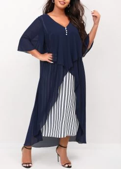 Navy Blue Plus Size V Neck Striped Dress -Modlily 302906 P 16557199742274
