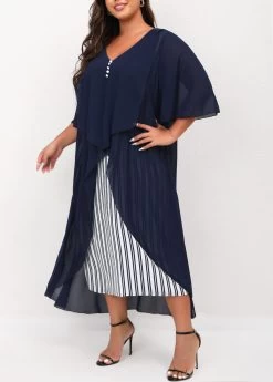 Navy Blue Plus Size V Neck Striped Dress -Modlily 302906 P 16557199748772