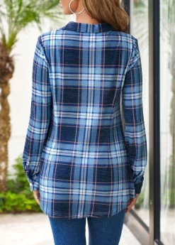 Blue Plus Size Tartan Print Long Sleeve Blouse -Modlily 306046 P 16593499570811