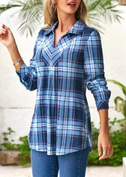 Blue Plus Size Tartan Print Long Sleeve Blouse -Modlily 306046 P 16593499578802
