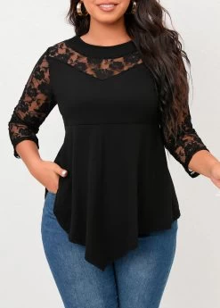 Plus Size Black Lace Stitching Asymmetric Hem T Shirt -Modlily 308054 P 16577792441673