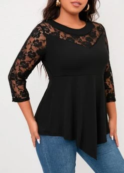 Plus Size Black Lace Stitching Asymmetric Hem T Shirt -Modlily 308054 P 16577792444392