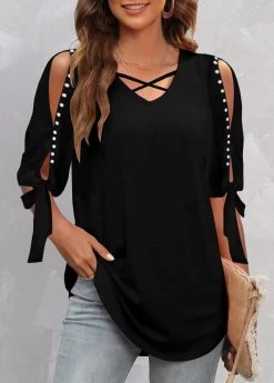 Plus Size Black Pearl Detail Cold Shoulder T Shirt -Modlily 308087 P 1656402200937