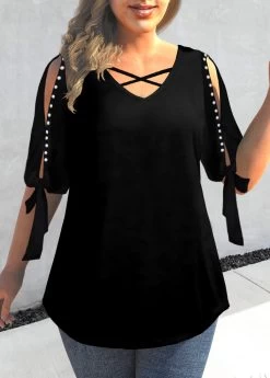 Plus Size Black Pearl Detail Cold Shoulder T Shirt -Modlily 309608 P 1658129839702