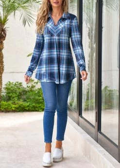 Blue Plus Size Tartan Print Long Sleeve Blouse -Modlily 313515 P 16630403691554