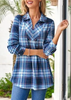 Blue Plus Size Tartan Print Long Sleeve Blouse