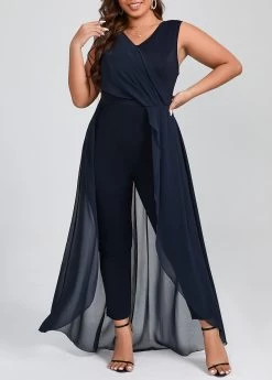 Navy Patchwork Plus Size Sleeveless V Neck Jumpsuit