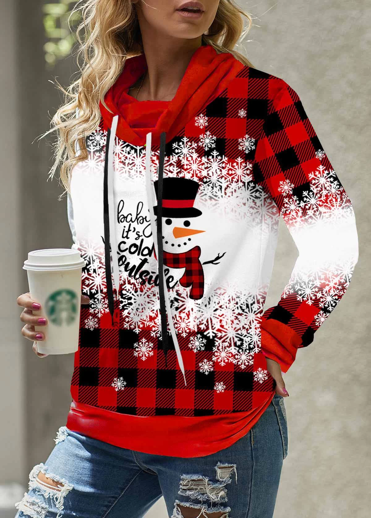 Red Drawstring Plus Size Christmas Print Sweatshirt 1 Red Drawstring Plus Size Christmas Print Sweatshirt