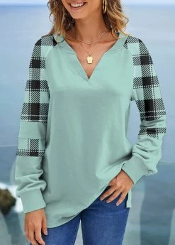 Mint Green Split Plus Size Plaid Sweatshirt -Modlily 315016 P 1663639504819