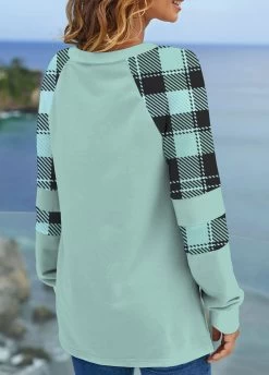 Mint Green Split Plus Size Plaid Sweatshirt -Modlily 315016 P 1663639505208