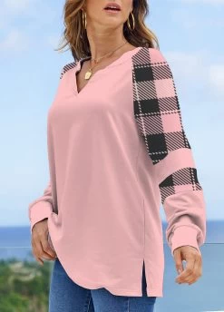 Light Pink Split Plus Size Plaid Sweatshirt 11 Light Pink Split Plus Size Plaid Sweatshirt -Modlily 315017 P 1663639520520