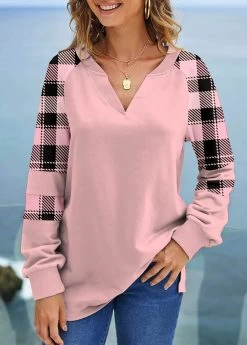 Light Pink Split Plus Size Plaid Sweatshirt 9 Light Pink Split Plus Size Plaid Sweatshirt -Modlily 315017 P 1663639520743