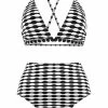 Three-piece High Waisted Geometric Print Black Bikini Set