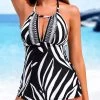 Cut Out Mid Waisted Leaf Print Black Tankini Set