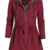 Wine Red Drawstring Plus Size Long Sleeve Coat