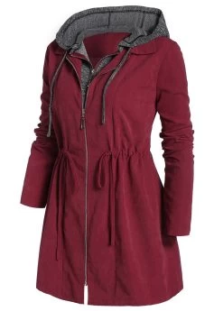Wine Red Drawstring Plus Size Long Sleeve Coat -Modlily 317425 P 1665725803338