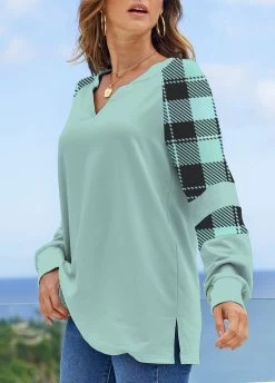 Mint Green Split Plus Size Plaid Sweatshirt -Modlily 318110 P 1666592344850