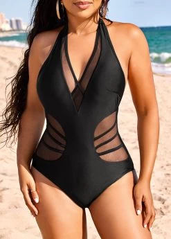 Patchwork Black Mesh One Piece Swimwear -Modlily 318527 P 16704631055194