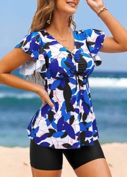 Drawstring Mid Waisted Leaf Print Blue Tankini Top 8 Drawstring Mid Waisted Leaf Print Blue Tankini Top -Modlily 318840 P 16716246012222