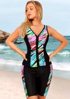 High Waisted Dazzle Colorful Print Black Swim Shorts -Modlily 319037 P 1667555178837