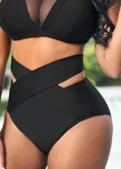 High Waisted Black Cross Strap Bikini Bottom -Modlily 319070 P 16697766701372